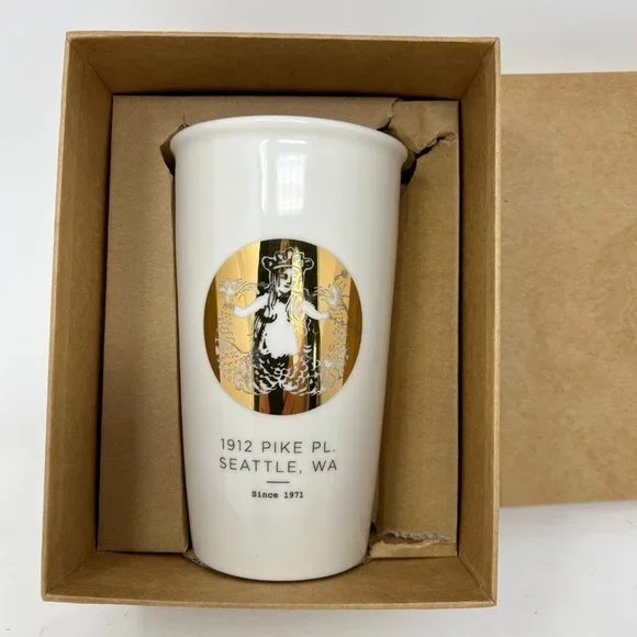 (SOLD)Starbucks Coffee White Porcelain and Gold Graphic Mug w/ Lid and Box - Picture 6 of 12